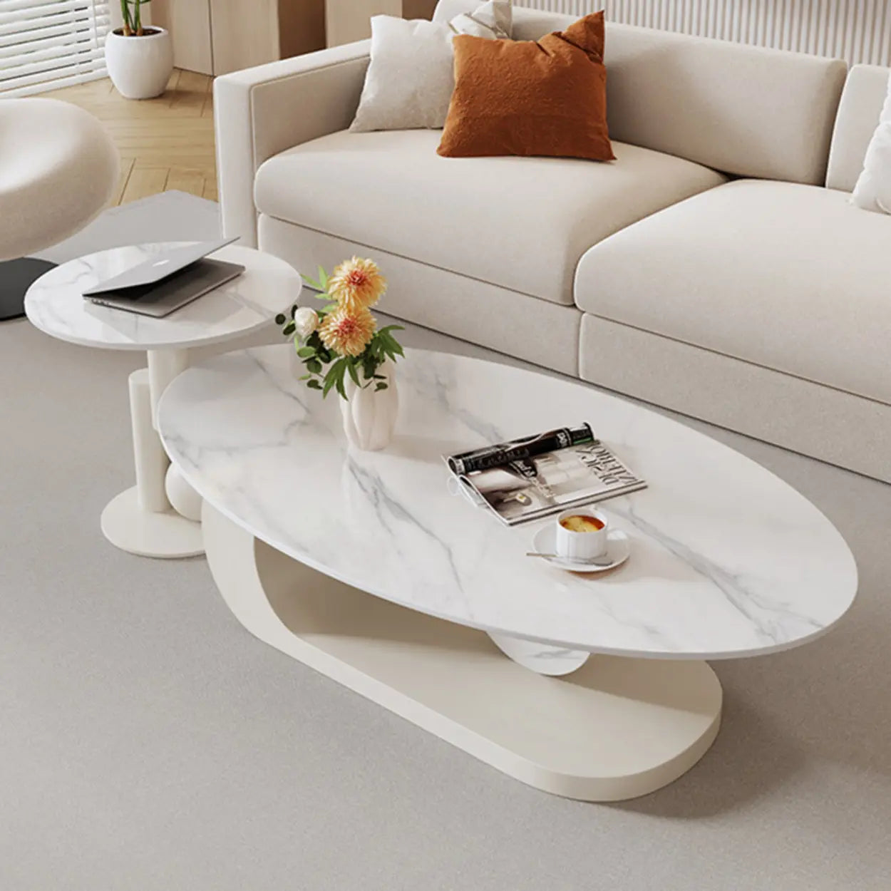 Artistic Stone Oval Iron Block Coffee Table — Black