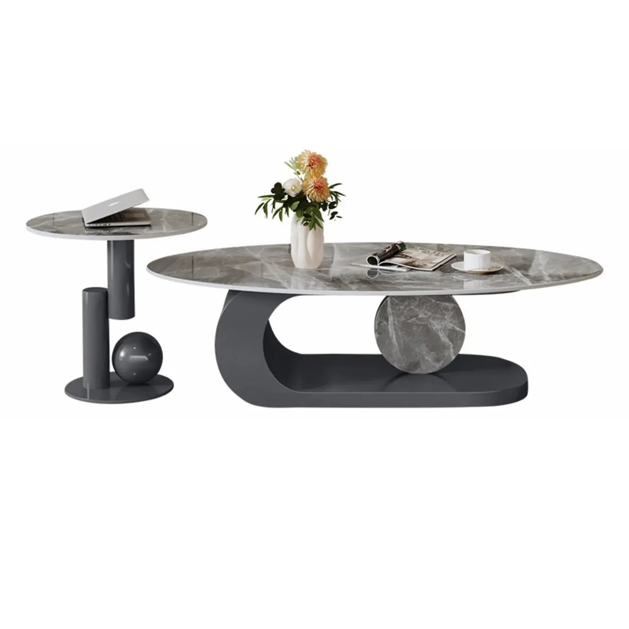 Artistic Stone Oval Iron Block Coffee Table — Gray
