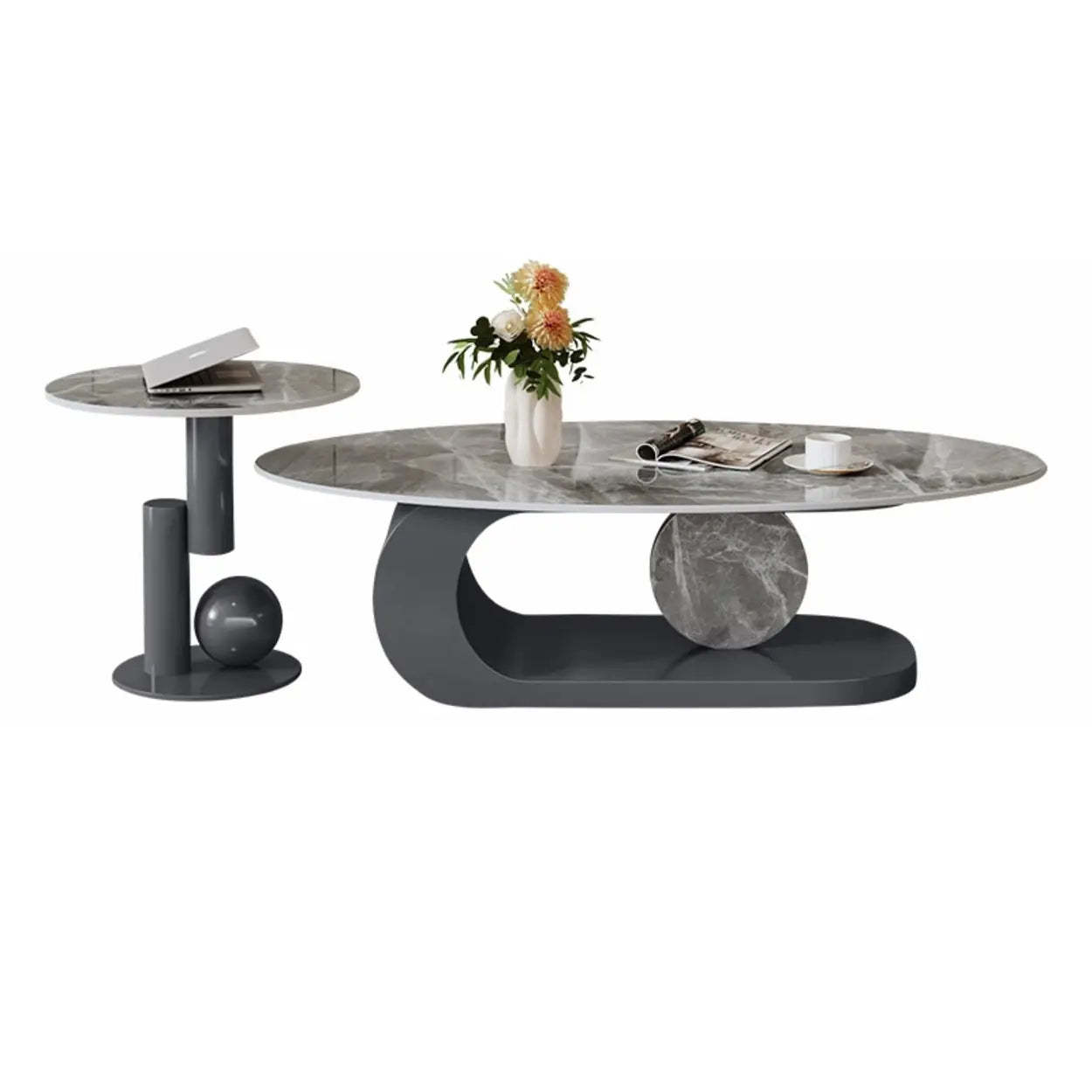 Artistic Stone Oval Iron Block Coffee Table — Gray