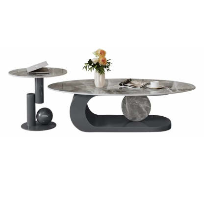 Artistic Stone Oval Iron Block Coffee Table — Gray