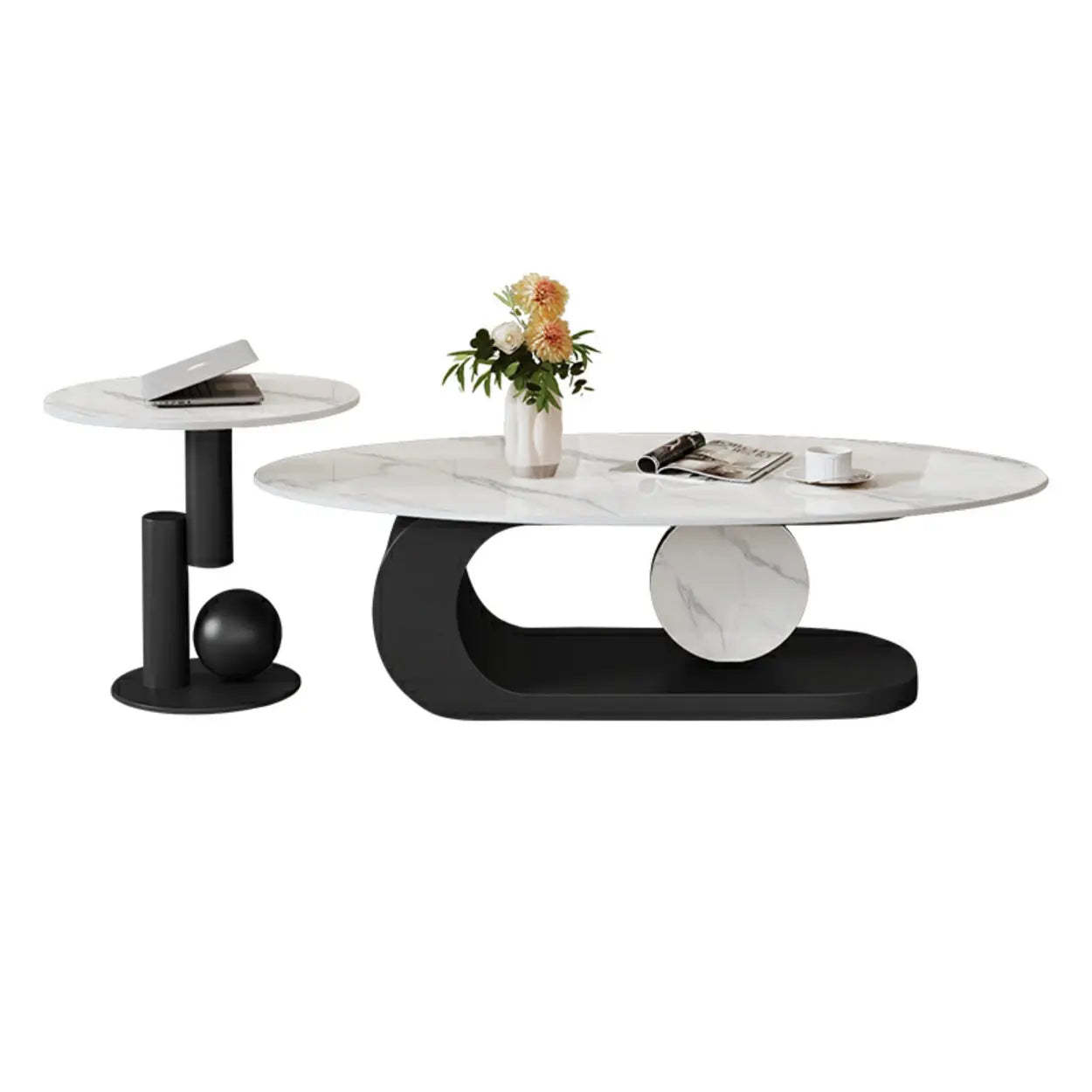 Artistic Stone Oval Iron Block Coffee Table — White