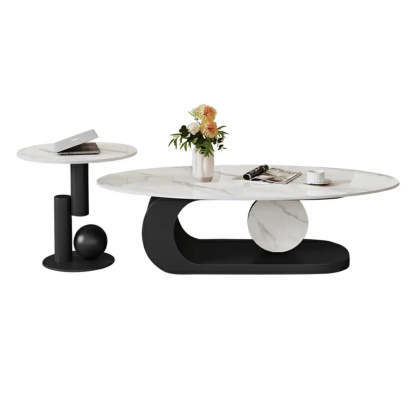 Artistic Stone Oval Iron Block Coffee Table — White