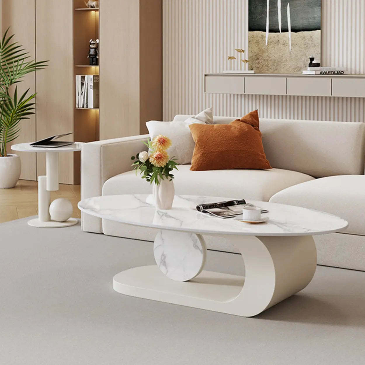 Artistic Stone Oval Iron Block Coffee Table — Black