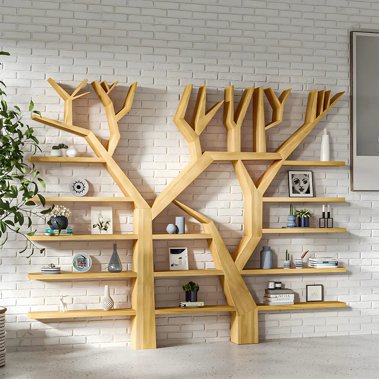 Tree Shape Open Etagere Wood Bookcase — Natural Finish