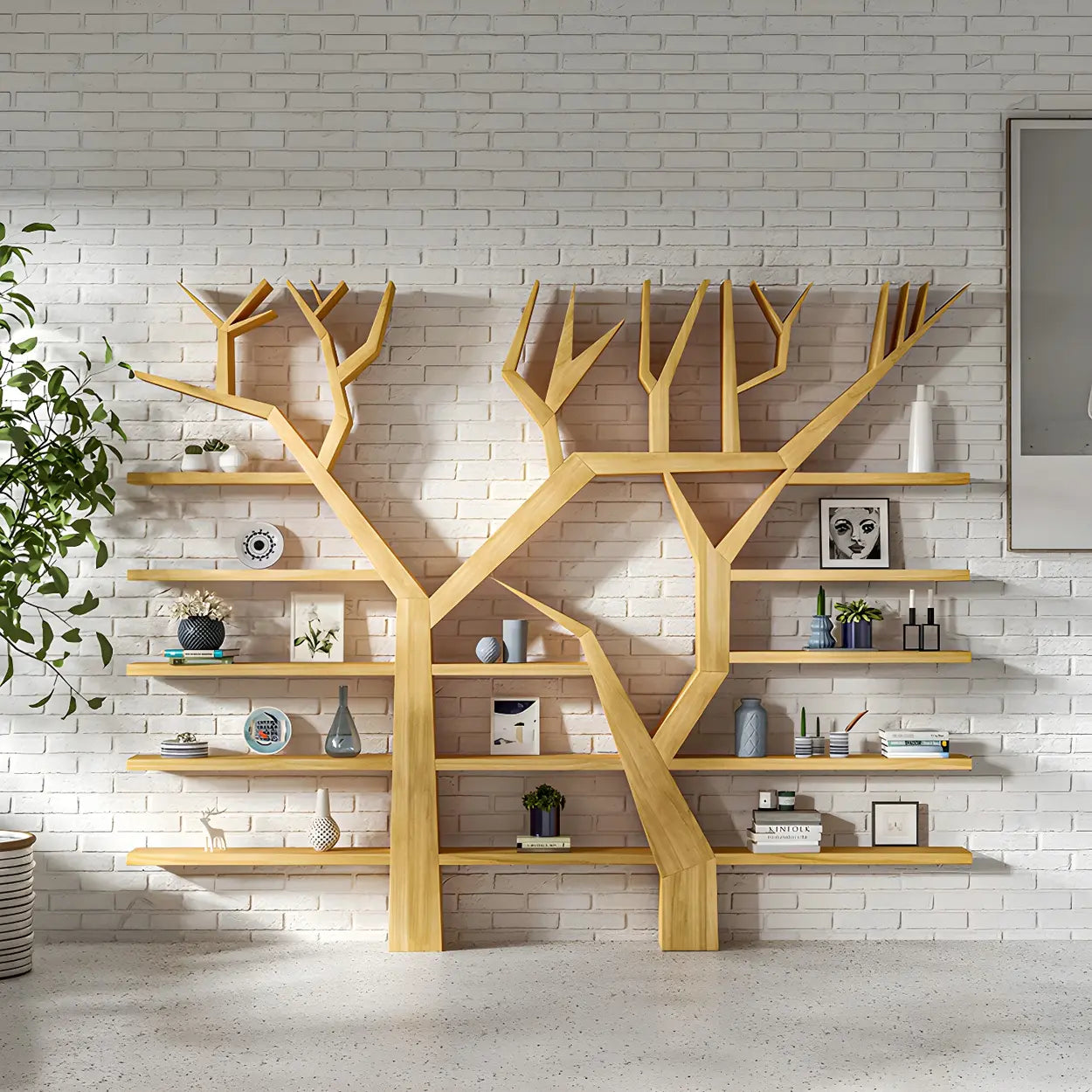 Tree Shape Open Etagere Wood Bookcase — Nut-Brown