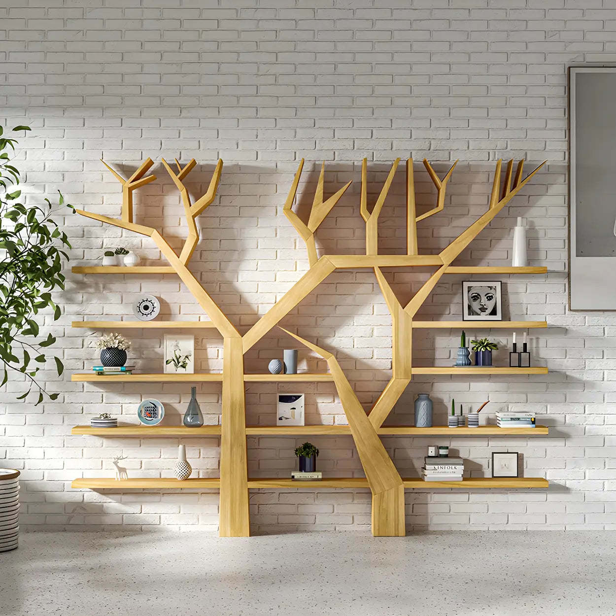 Tree Shape Open Etagere Wood Bookcase — Nut-Brown