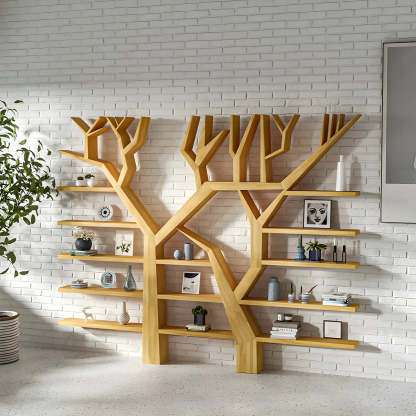 Tree Shape Open Etagere Wood Bookcase — Natural Finish