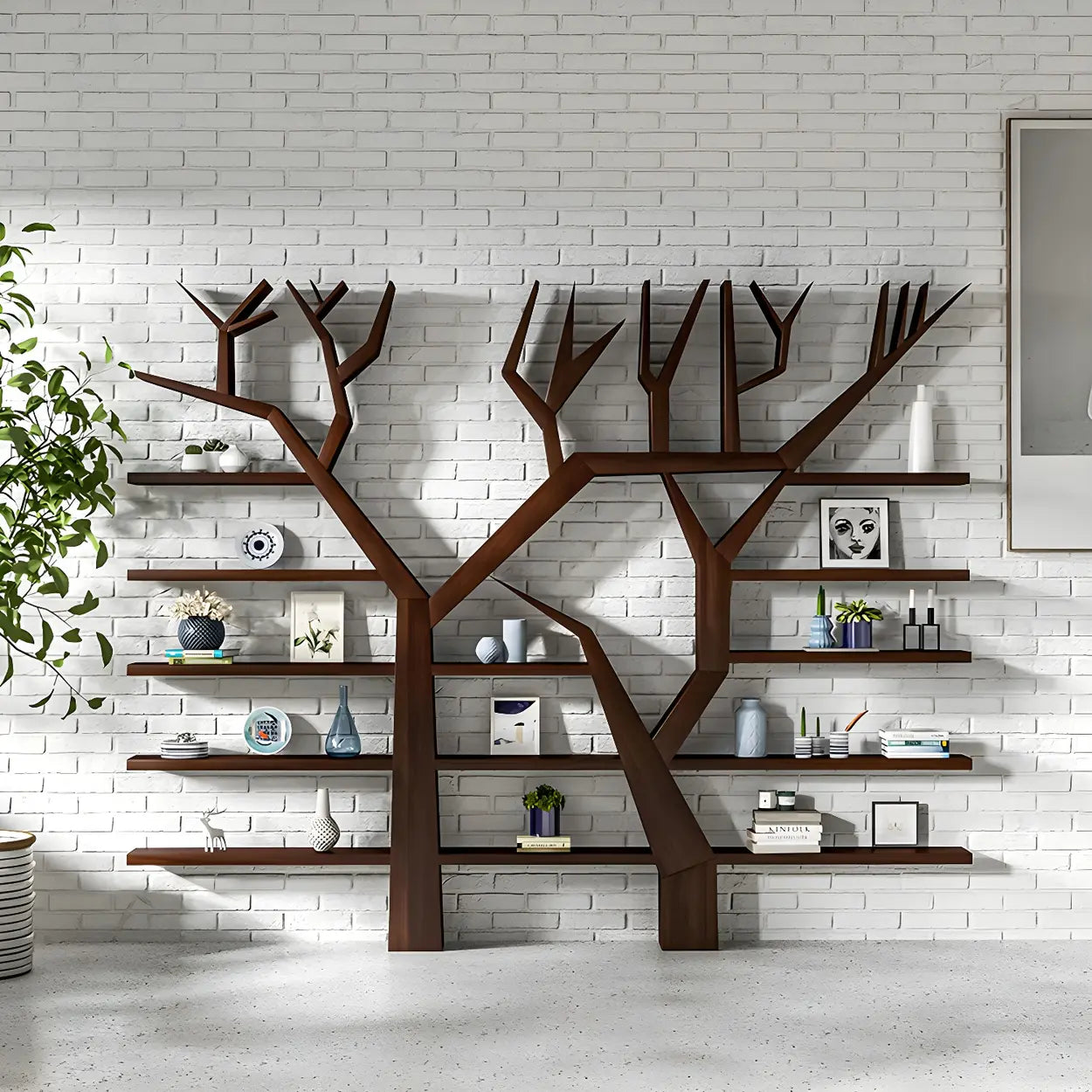 Tree Shape Open Etagere Wood Bookcase — Nut-Brown