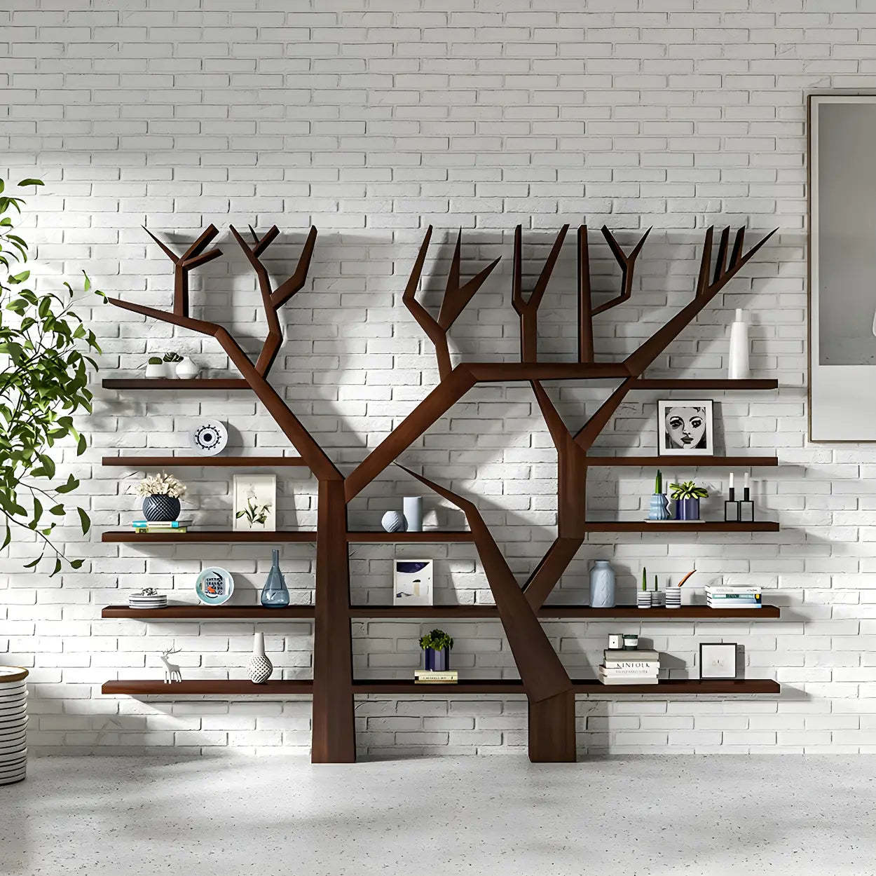 Tree Shape Open Etagere Wood Bookcase — Nut-Brown