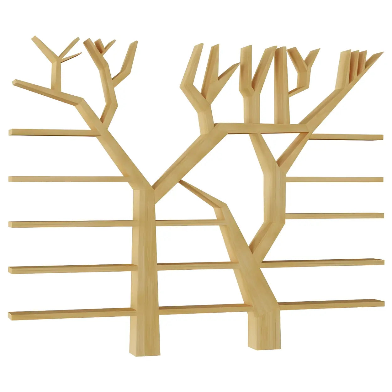Tree Shape Open Etagere Wood Bookcase — Natural Finish