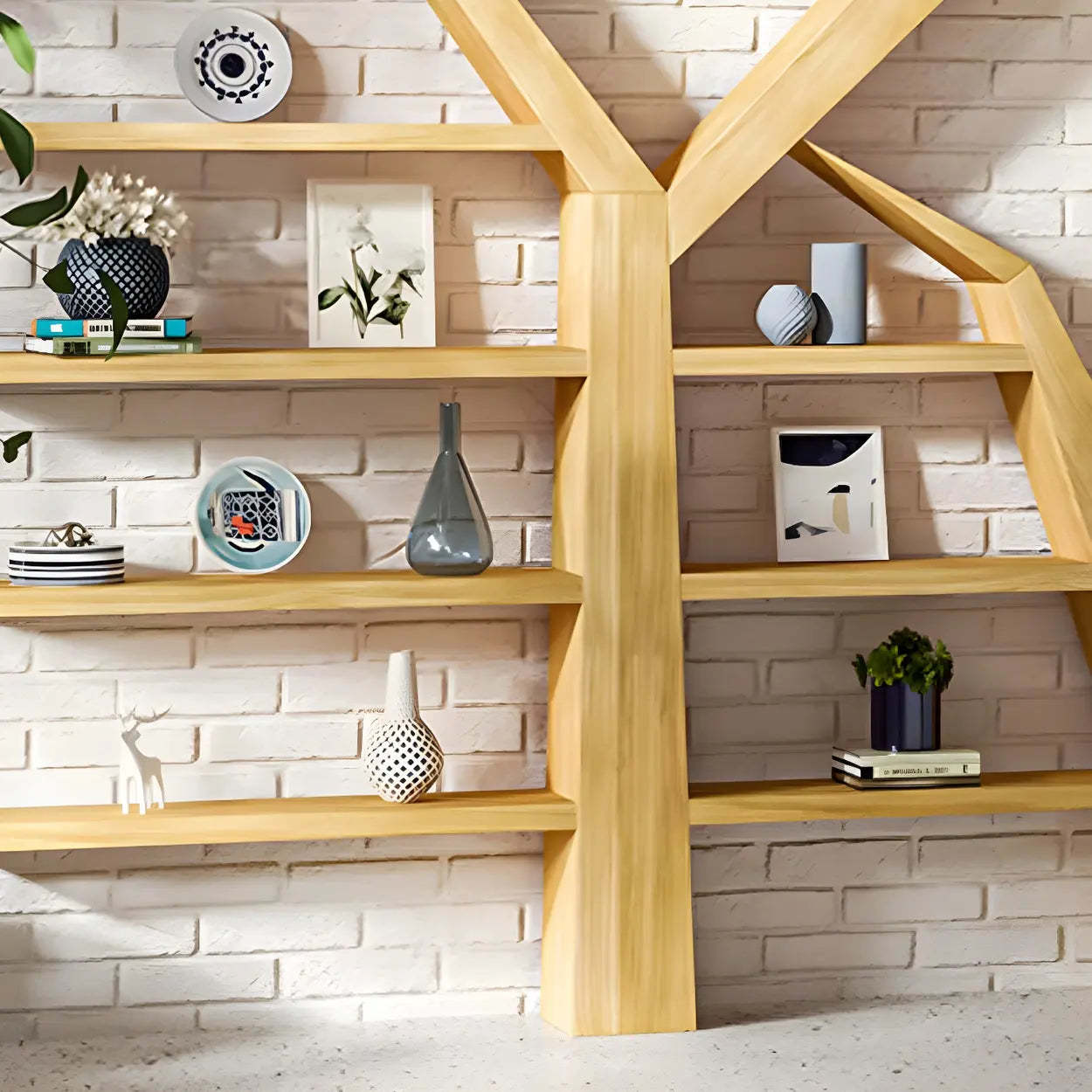 Tree Shape Open Etagere Wood Bookcase — Nut-Brown