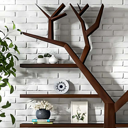 Tree Shape Open Etagere Wood Bookcase — Nut-Brown