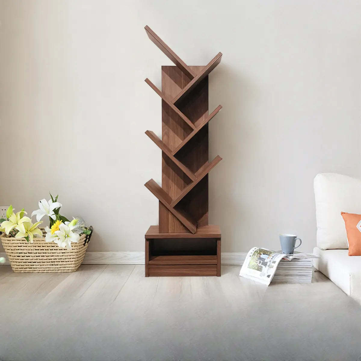 Artistic Tree-Shape Wood Display Bookcase — 7 Shelves