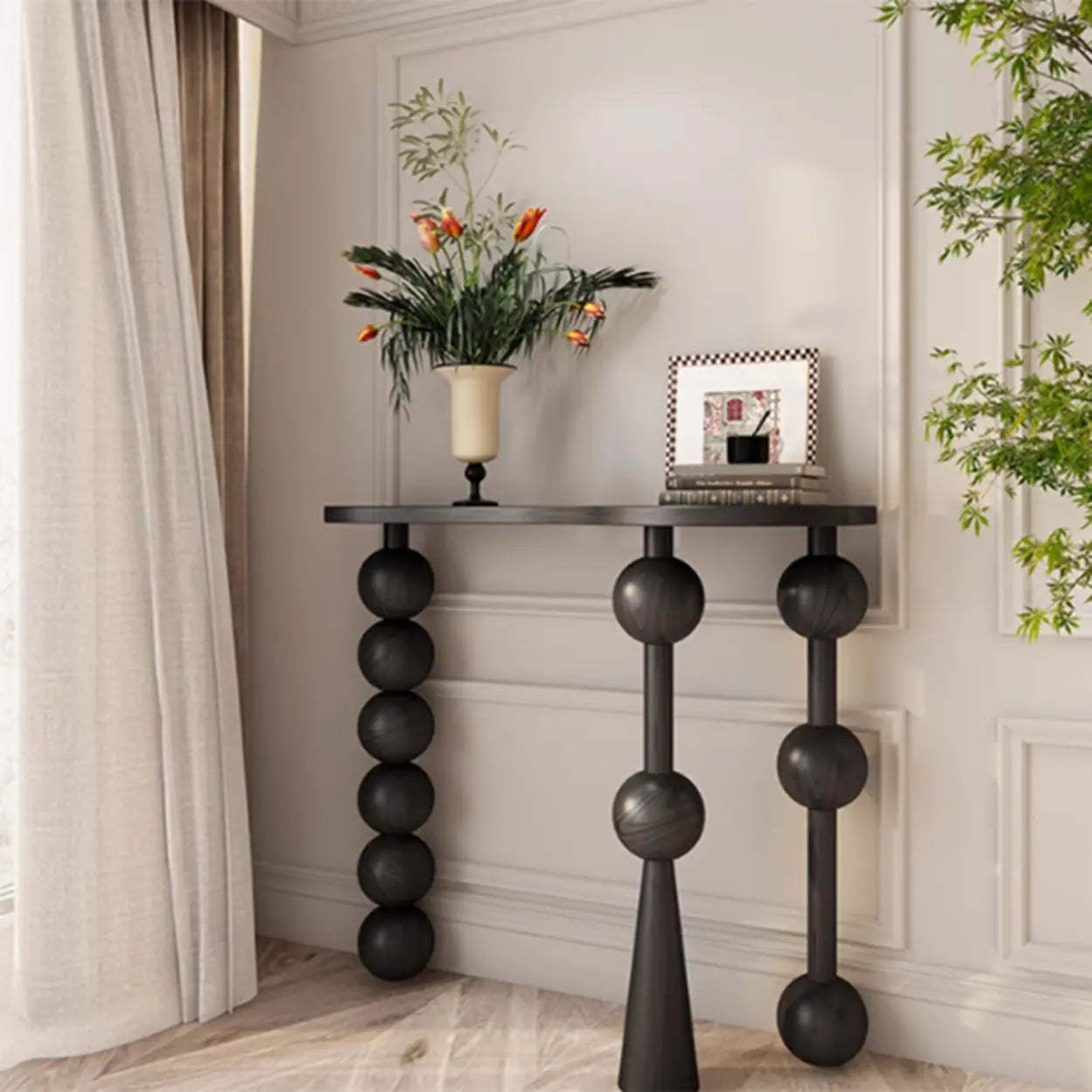 Traditional entry turned-leg end & side tables in wood — 55"L x 14"W x 35"H / Black