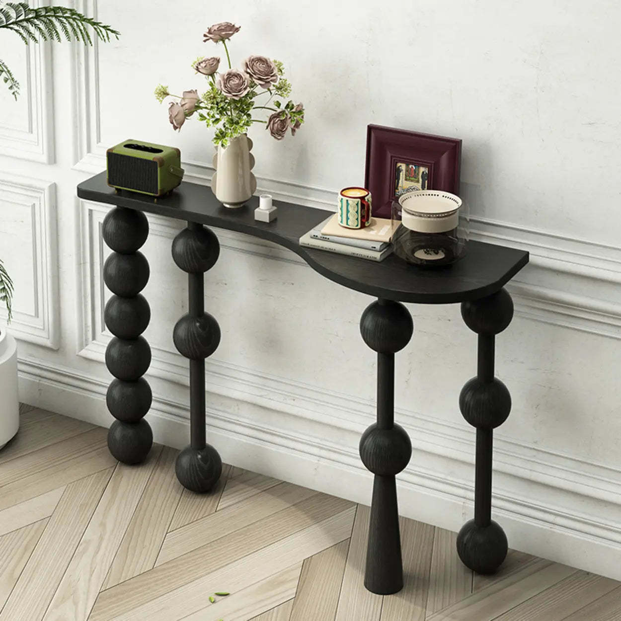 Traditional turned-leg entry end & side tables in wood — 63"L x 14"W x 35"H / Black