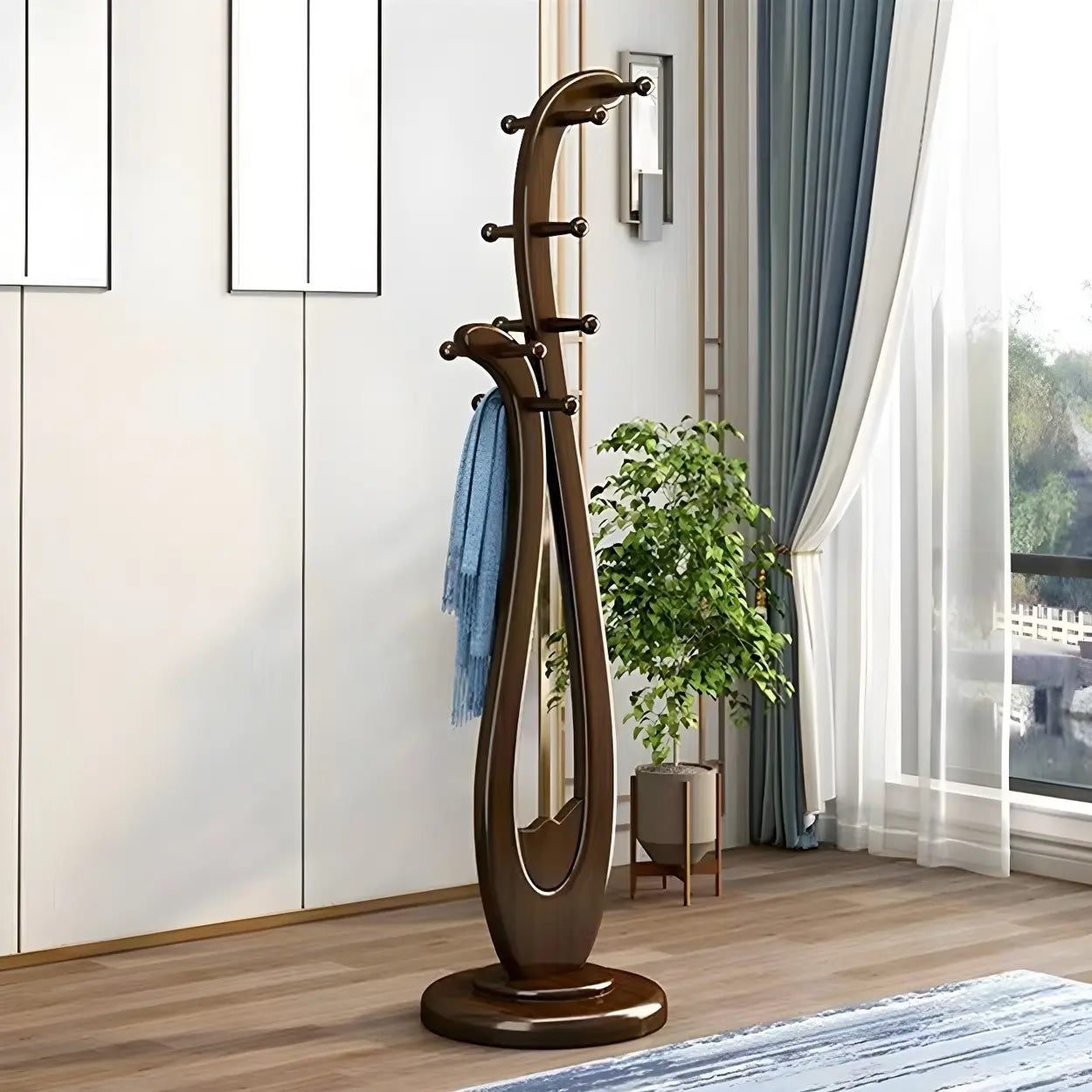 Artistic Wood Freestanding Coat Rack — Walnut / Wave