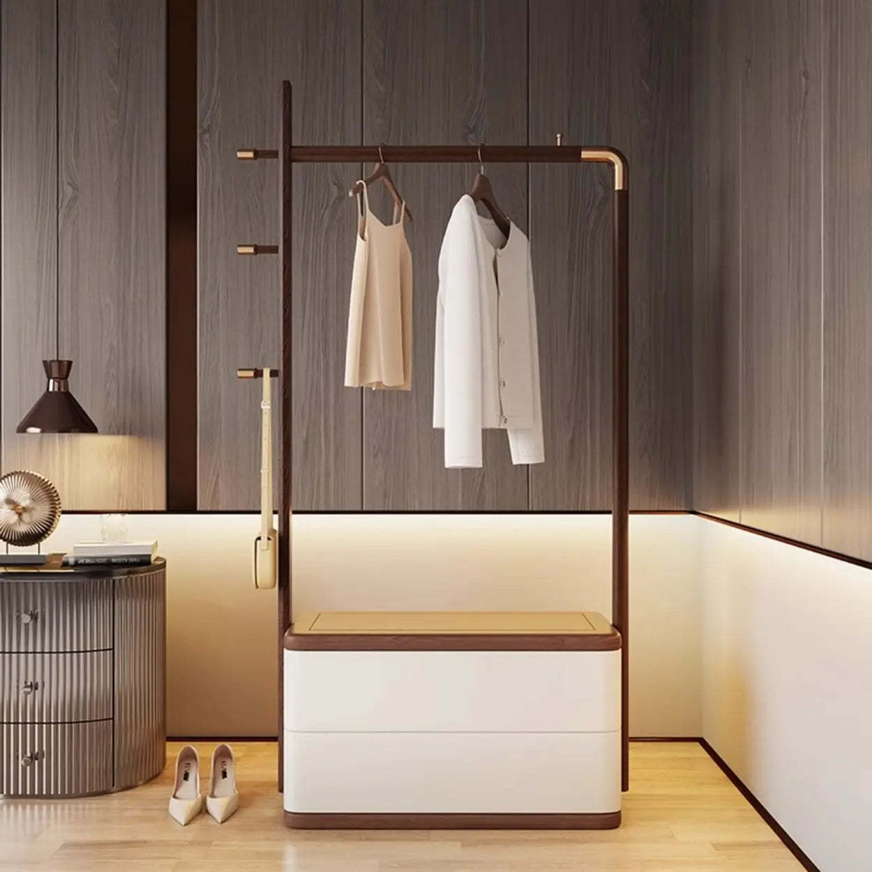 Ash Wood Freestanding Coat Rack with Drawers