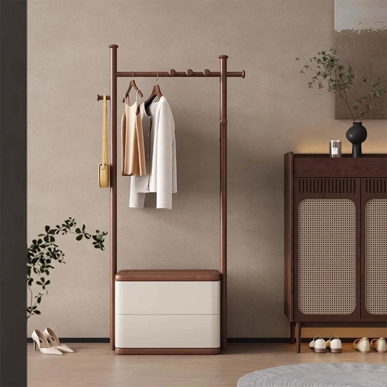 Ash Wood Freestanding Coat Rack with Drawers — Nut-Brown / 7