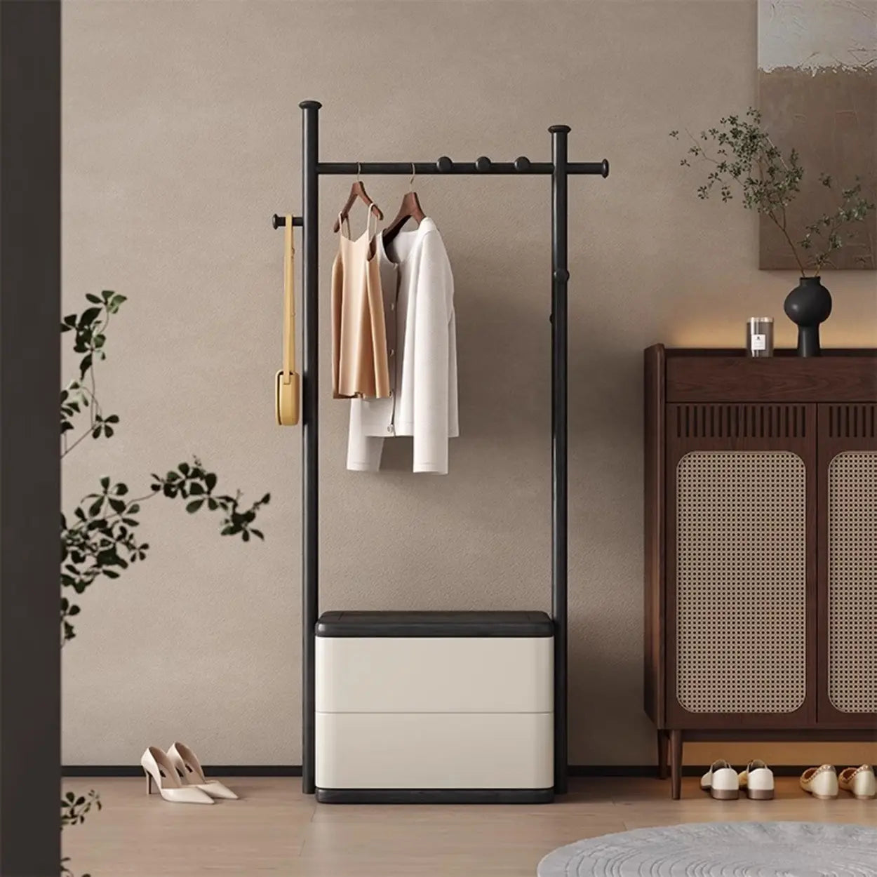 Ash Wood Freestanding Coat Rack with Drawers — Nut-Brown / 4