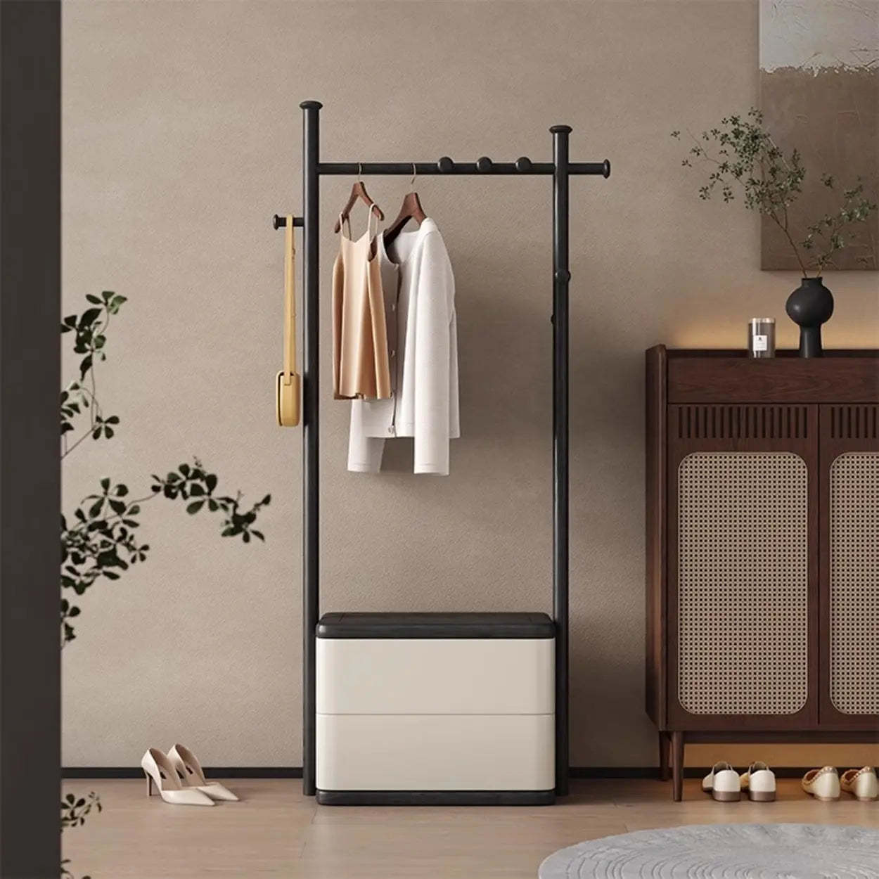 Ash Wood Freestanding Coat Rack with Drawers — Nut-Brown / 4