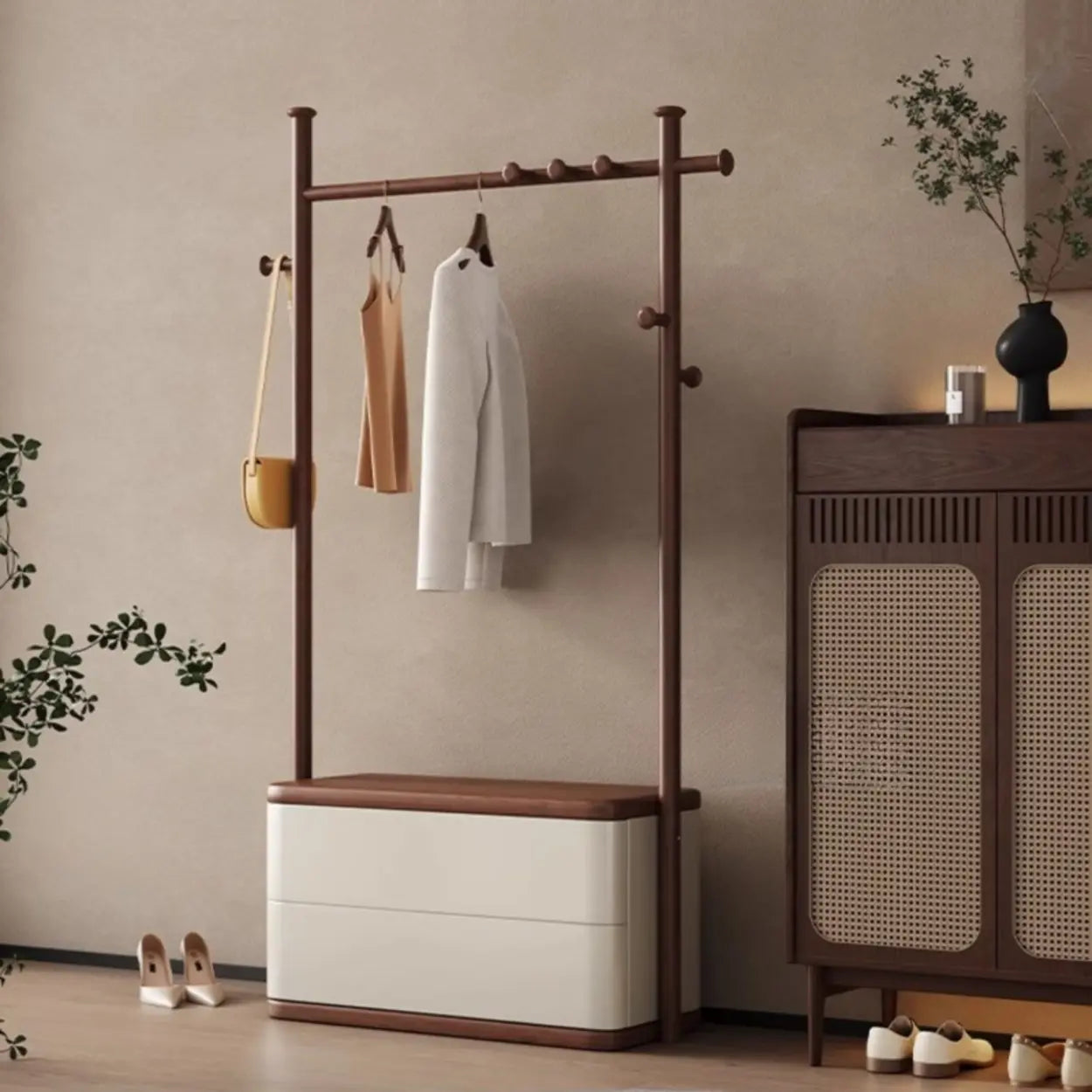 Ash Wood Freestanding Coat Rack with Drawers — Black / 7