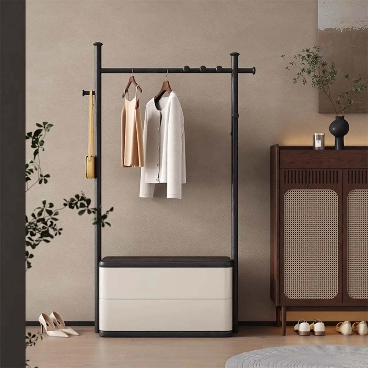 Ash Wood Freestanding Coat Rack with Drawers