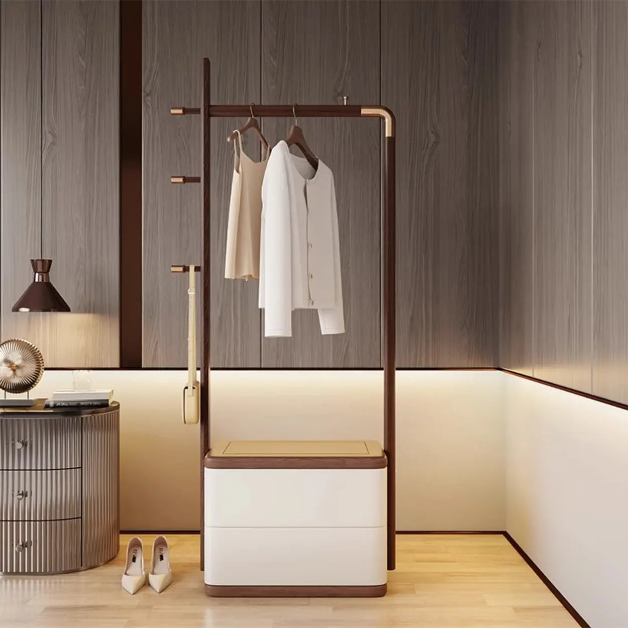 Ash Wood Freestanding Coat Rack with Drawers