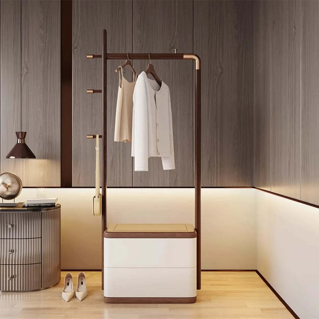 Ash Wood Freestanding Coat Rack with Drawers