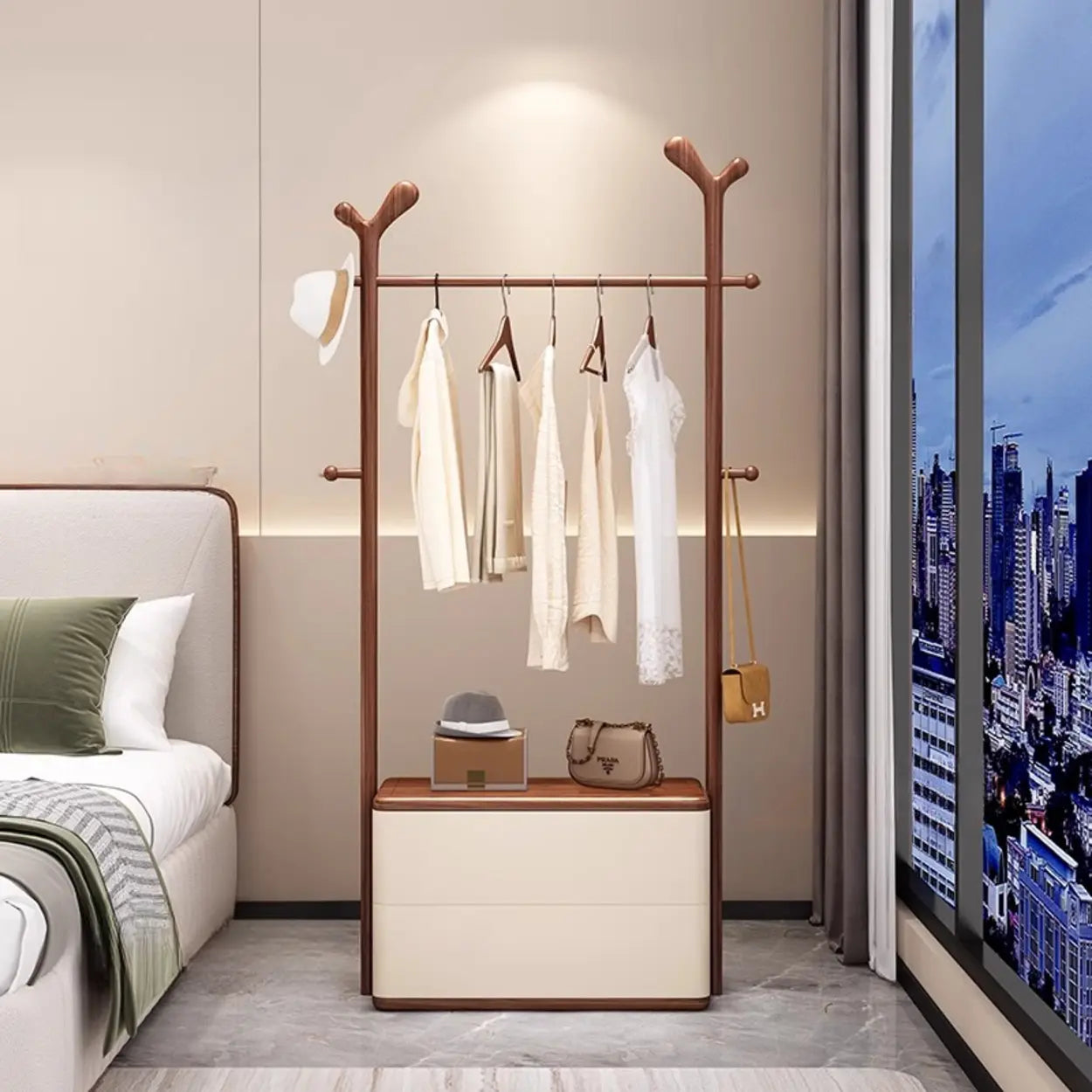 Ash Wood Freestanding Coat Rack with Drawers - 157x157x728