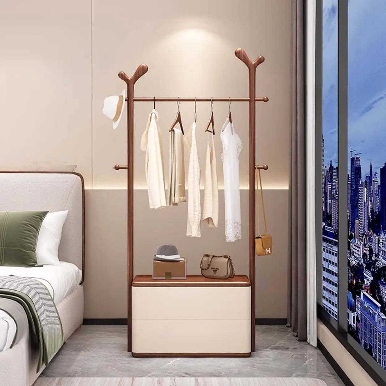 Ash Wood Freestanding Coat Rack with Drawers