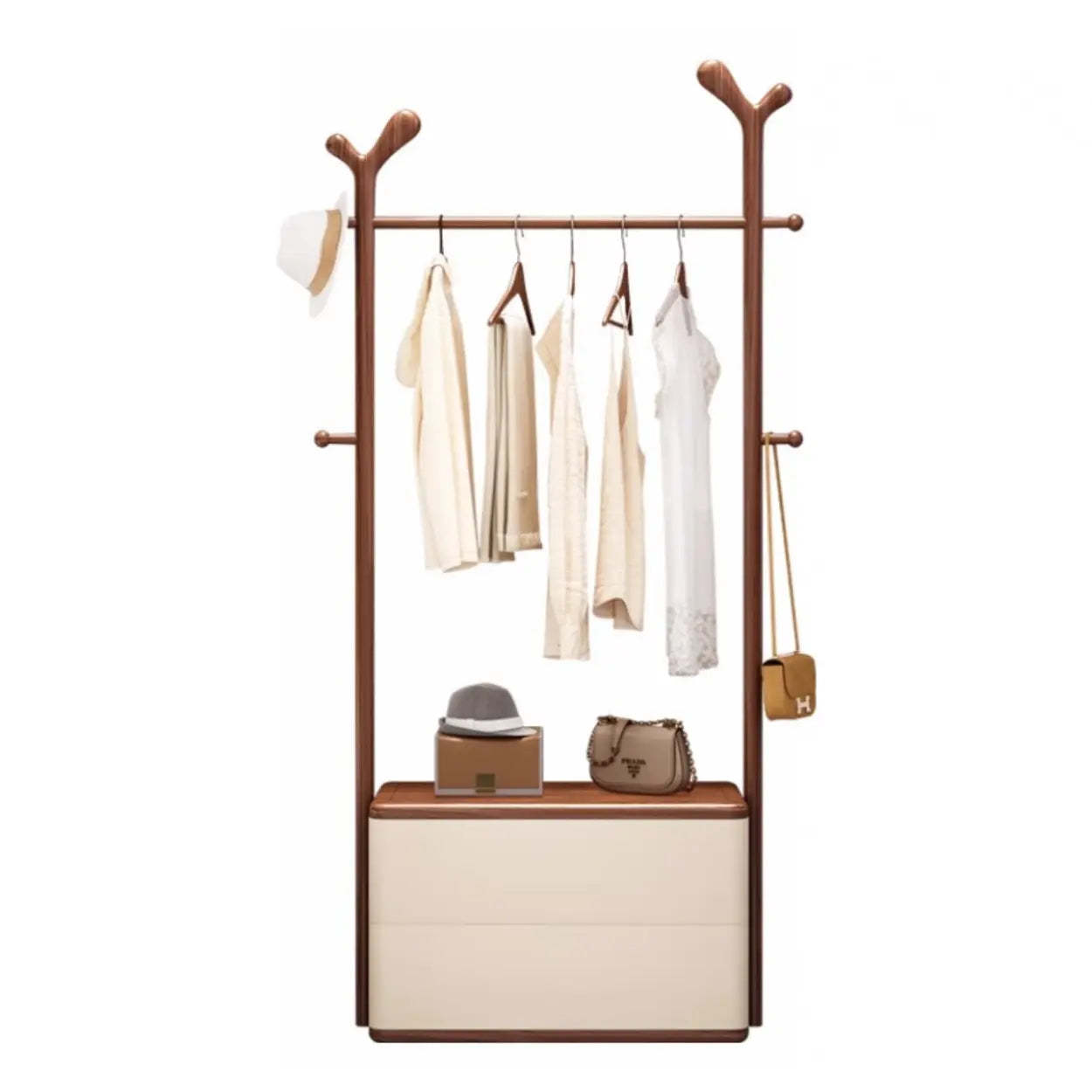Ash Wood Freestanding Coat Rack with Drawers