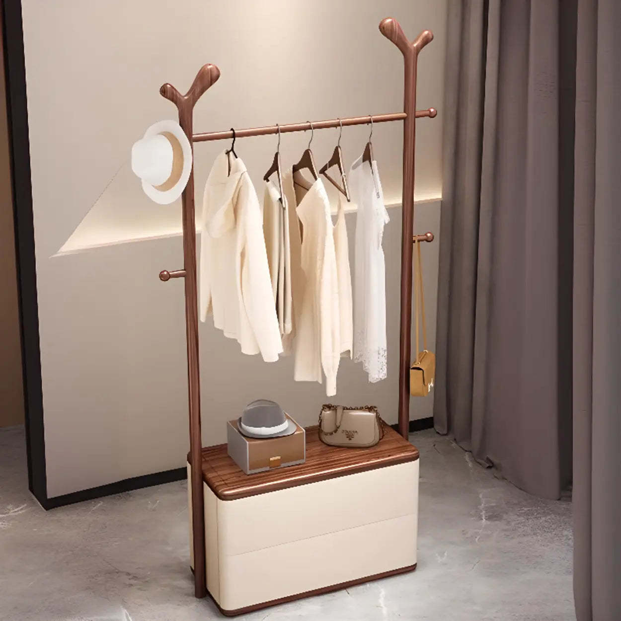 Ash Wood Freestanding Coat Rack with Drawers