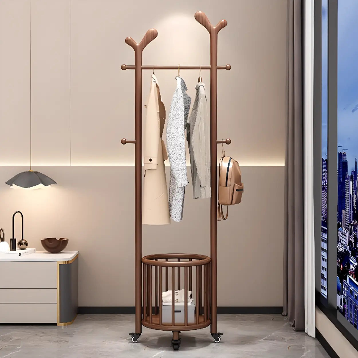 Ash Wood Freestanding Coat Rack with Drawers