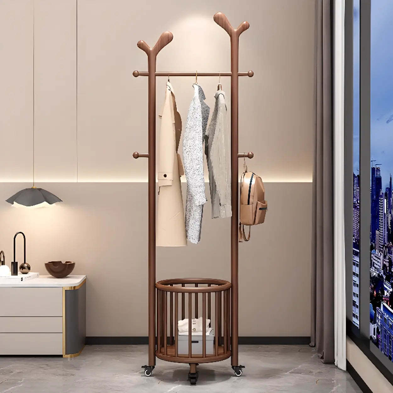 Ash Wood Freestanding Coat Rack with Drawers