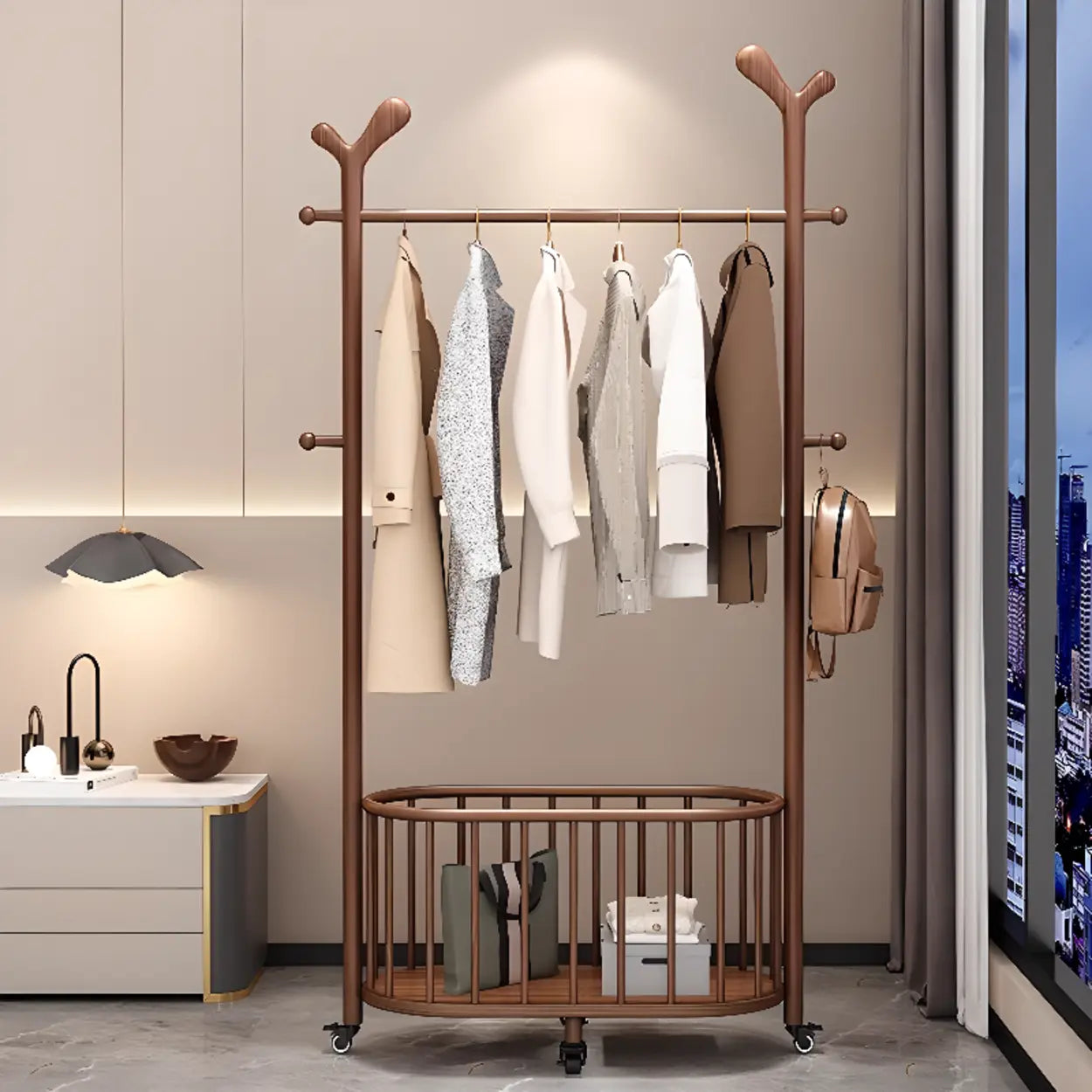 Ash Wood Freestanding Coat Rack with Drawers