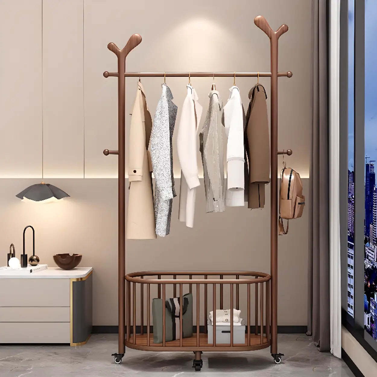 Ash Wood Freestanding Coat Rack with Drawers
