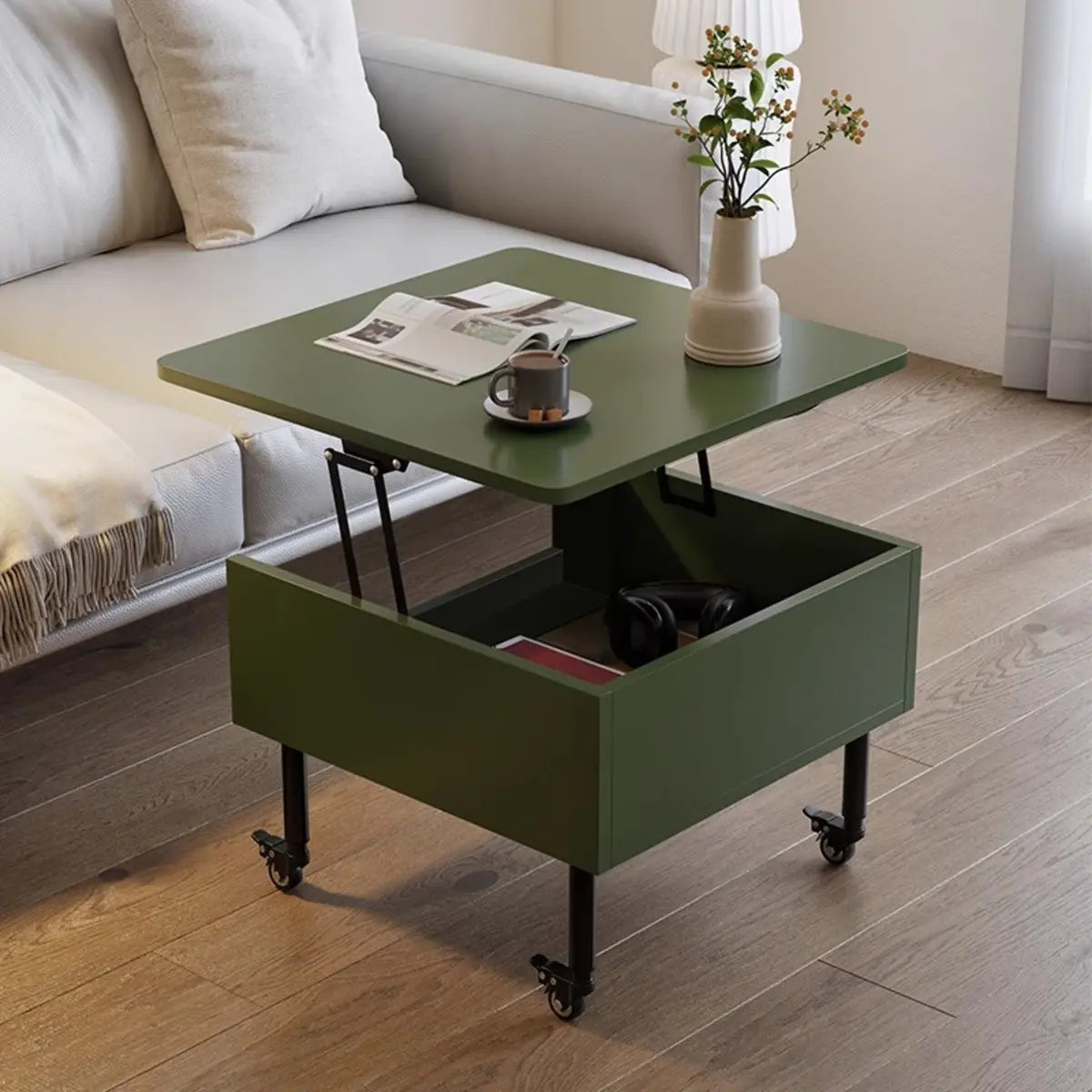 Avocado Green Square Wood Storage Coffee Table — Wood Grain Color