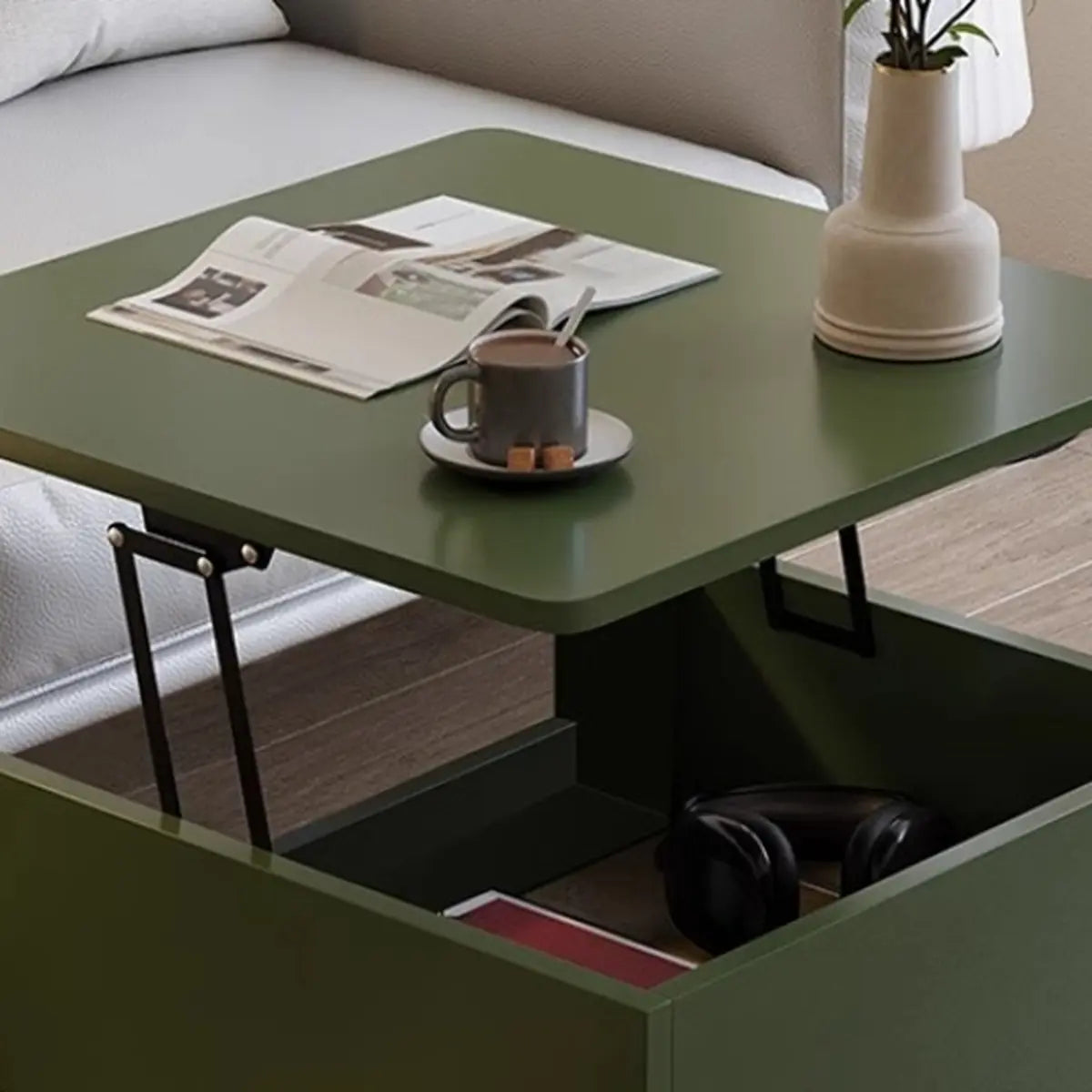 Avocado Green Square Wood Storage Coffee Table