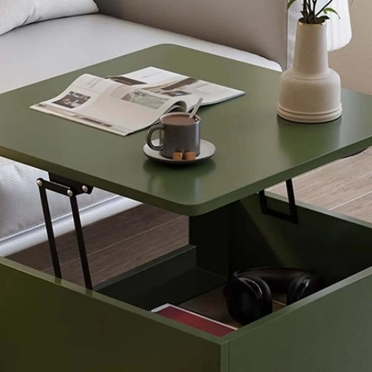 Avocado Green Square Wood Storage Coffee Table