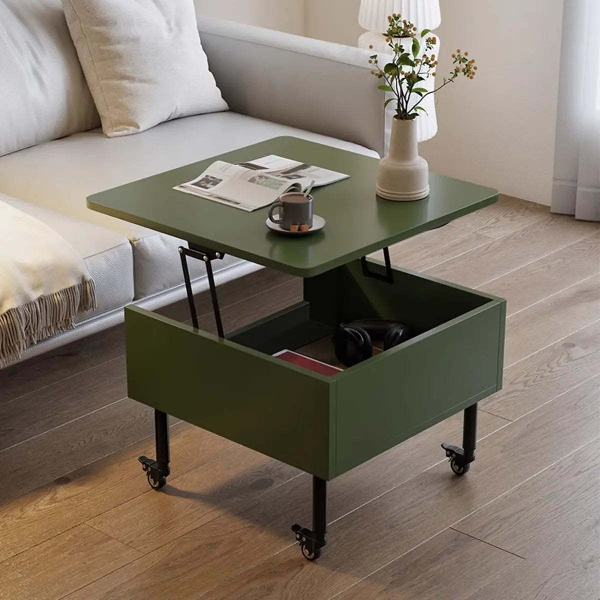 Modern square storage coffee tables in wood — 22" L x 22" W x 24" H / Avocado Green