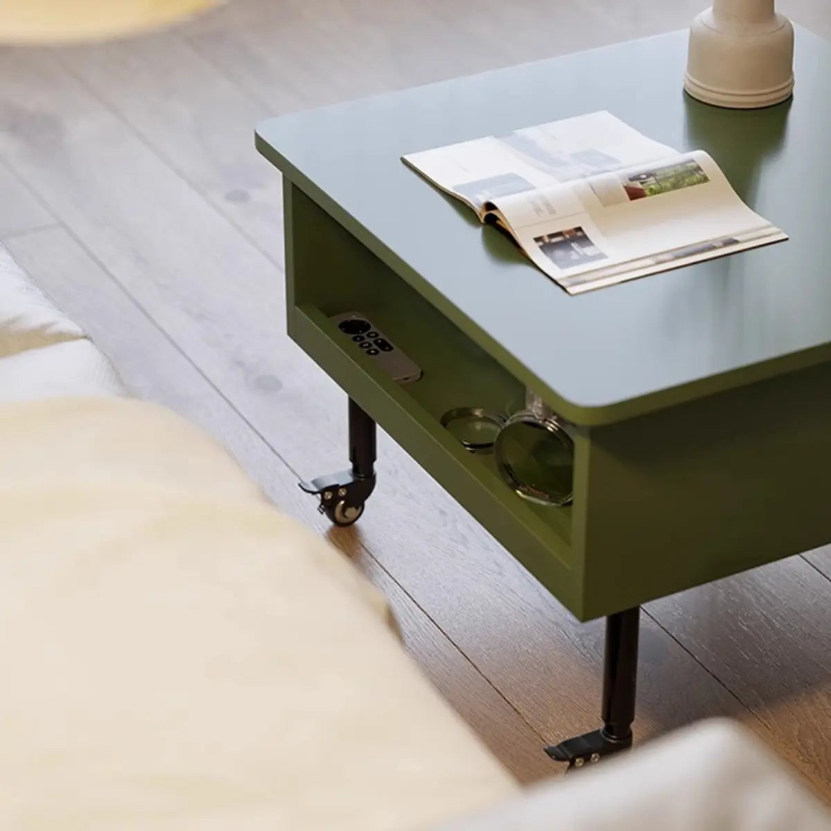 Avocado Green Square Wood Storage Coffee Table
