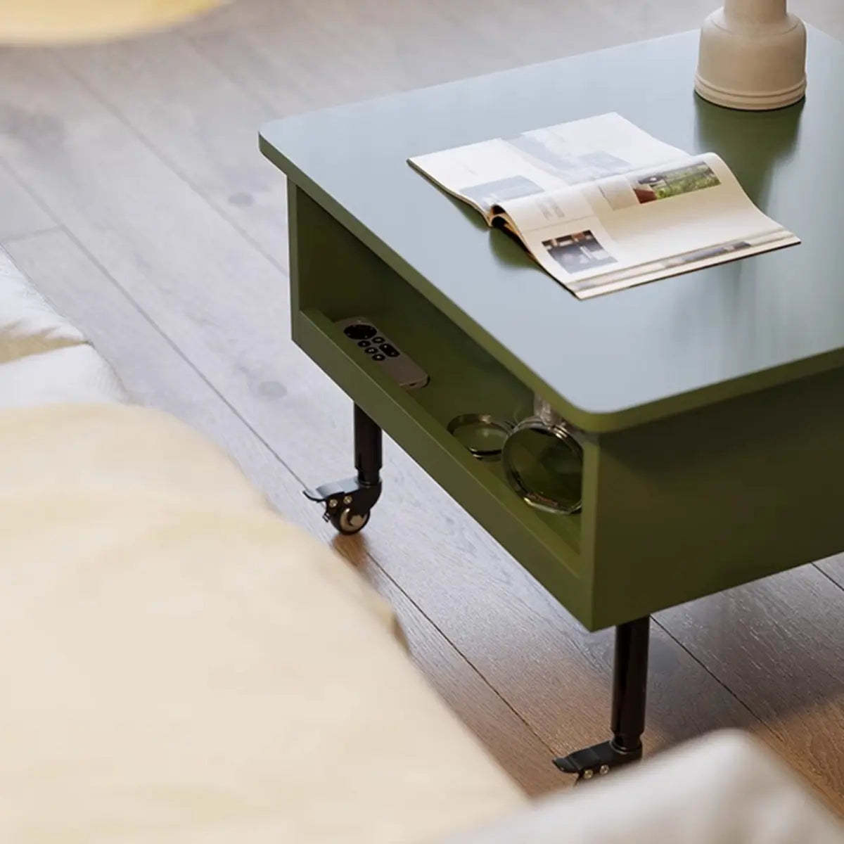 Avocado Green Square Wood Storage Coffee Table