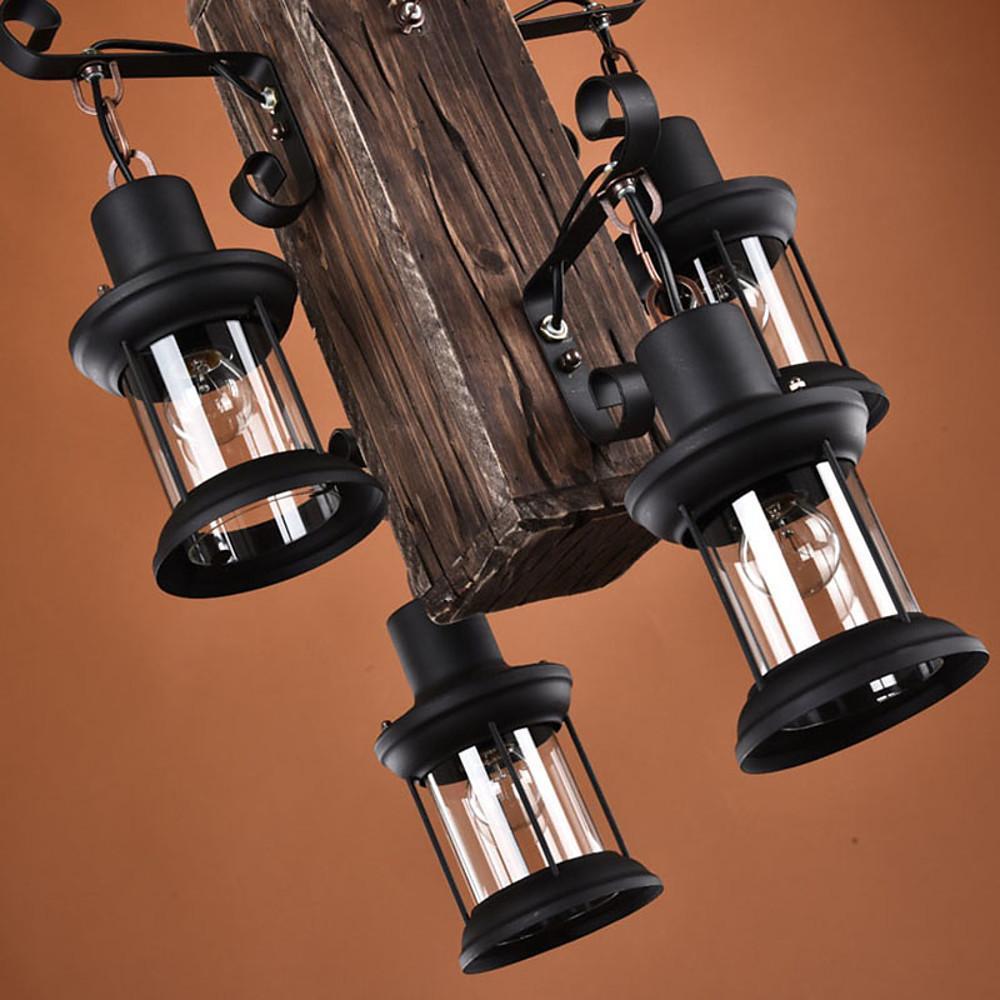 Lodge Style Farmhouse Chandelier Wooden Dining Room Chandeliers with 4 Lanterns Lights-Lighom