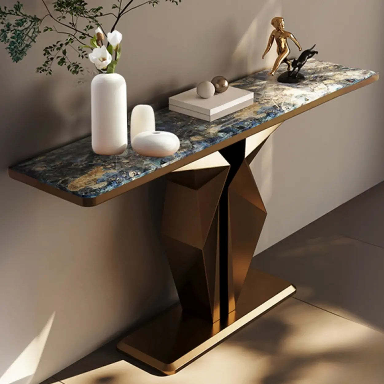 Azure Pedestal Marble Top Rectangular Console Table