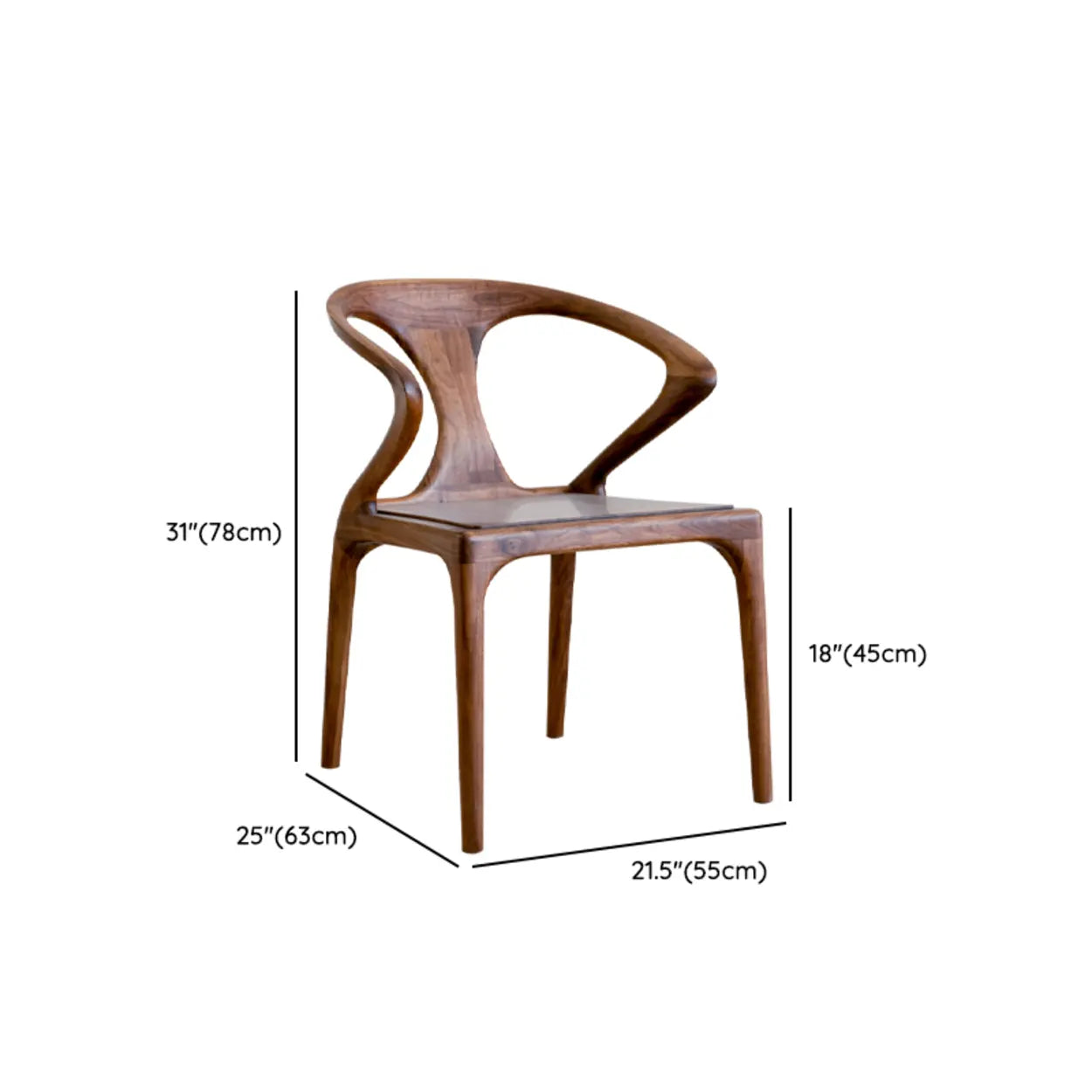 Chic Sculptural Open Low Back Wood Dining Chair Walnut #size