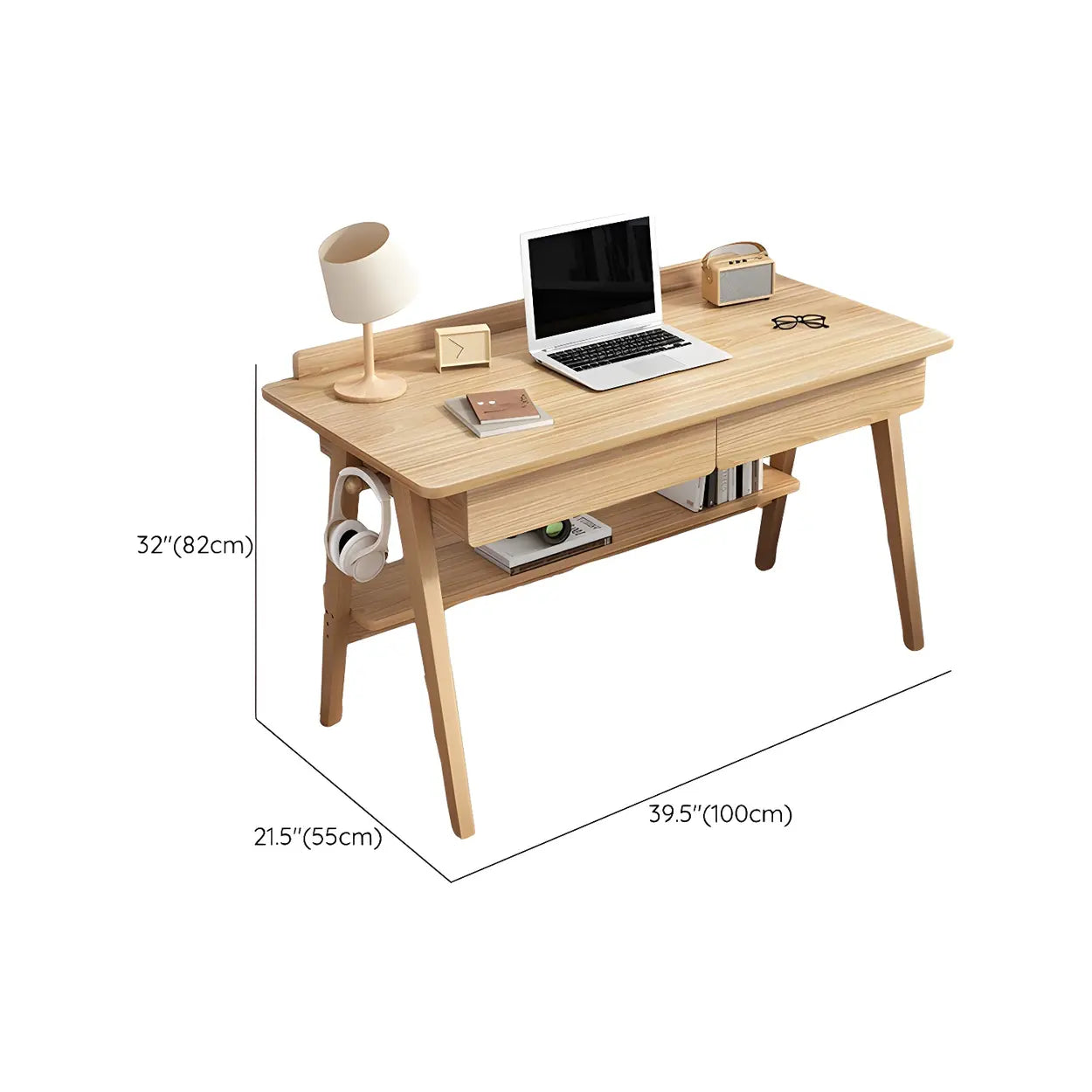 Natural Finish Wood Trestle Writing Desk with 2 Drawers #size