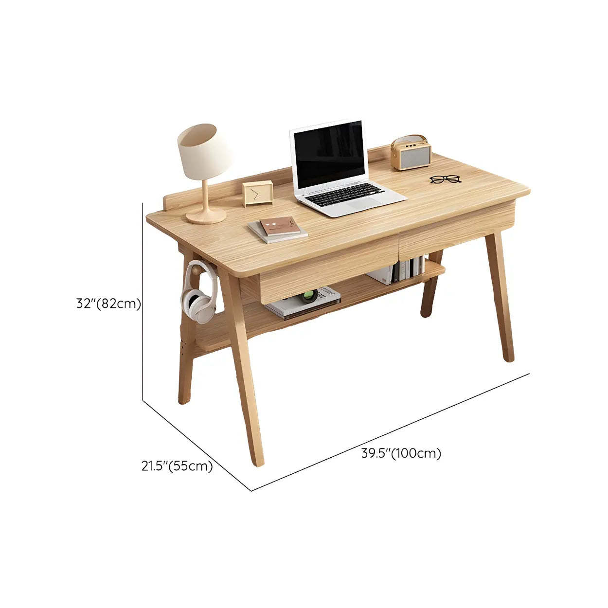 Natural Wood Trestle Writing Desk with 2 Drawers