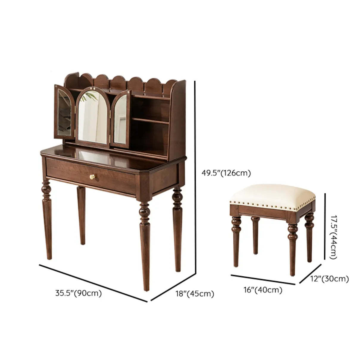 Classic Rectangular Wood Brown Mirror Makeup Vanity