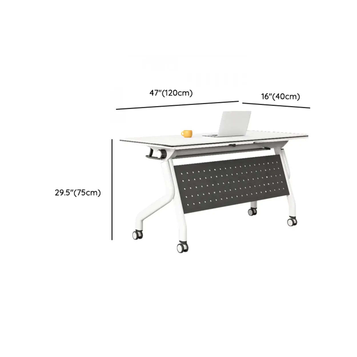 Foldable Rectangular Writing Desk with Shelf and Casters — Table Only