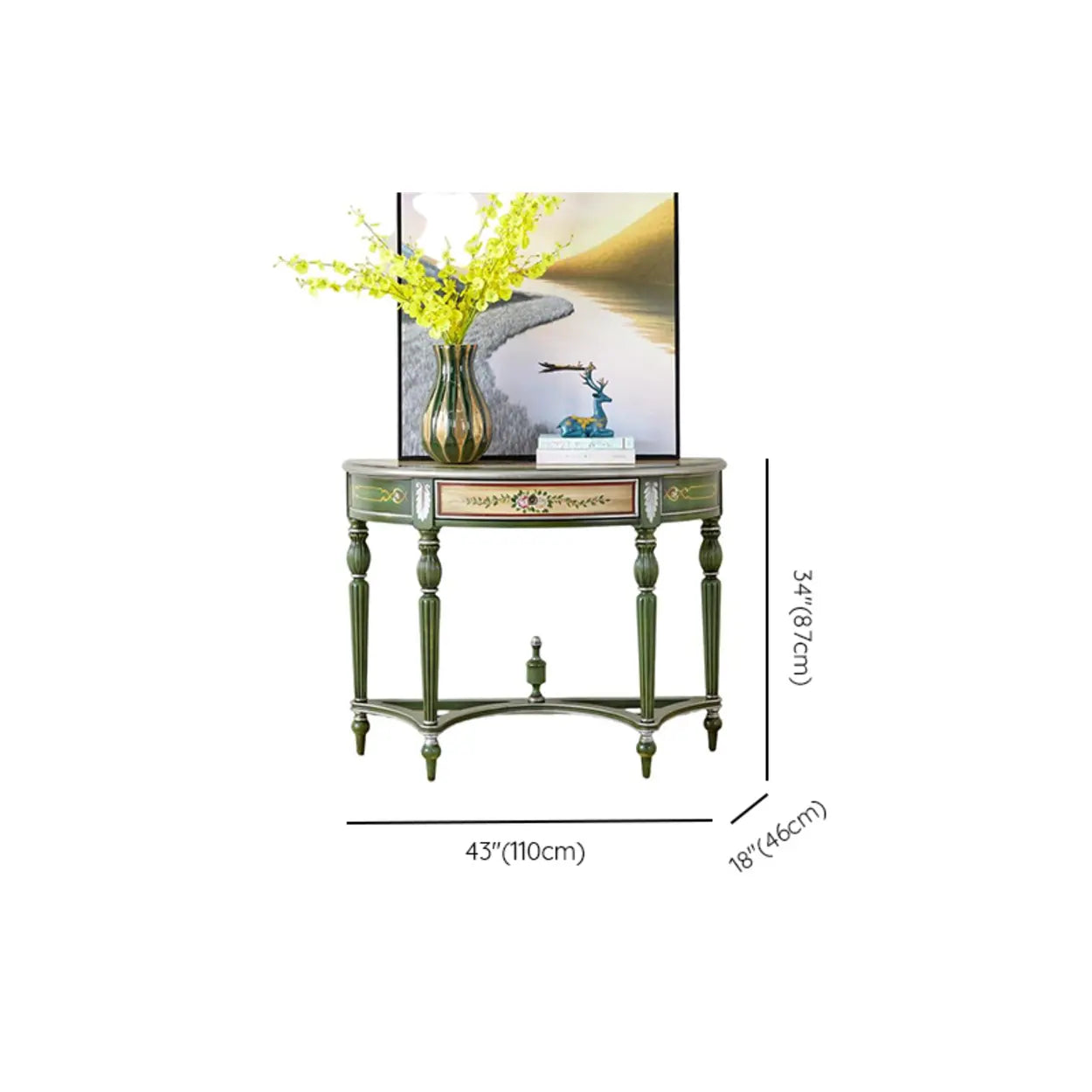 Decorative Half-Moon Storage Floral Green Console Table #size